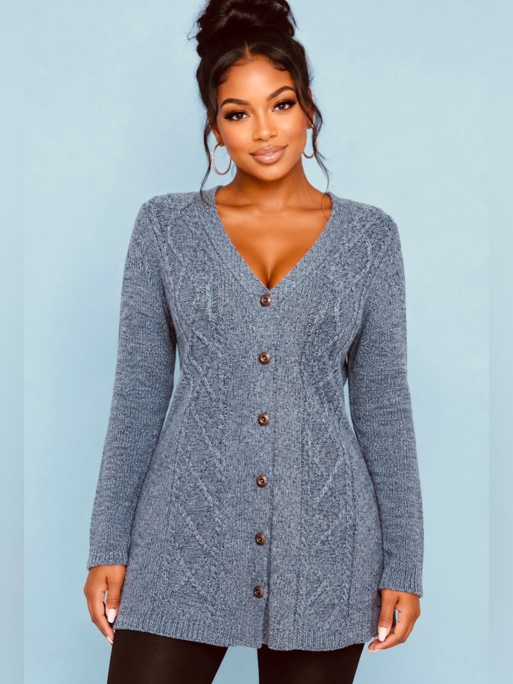 Karen Scott Cable-Knit Button-Front Cardigan In Marled Blue/Grey Size L - NWOT